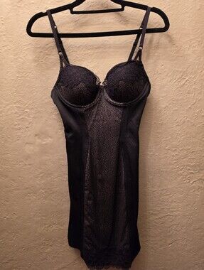 DKNY Black Lace Bustier Chemise Slip Dress 34B Leopard Mesh Lingerie Nightgown